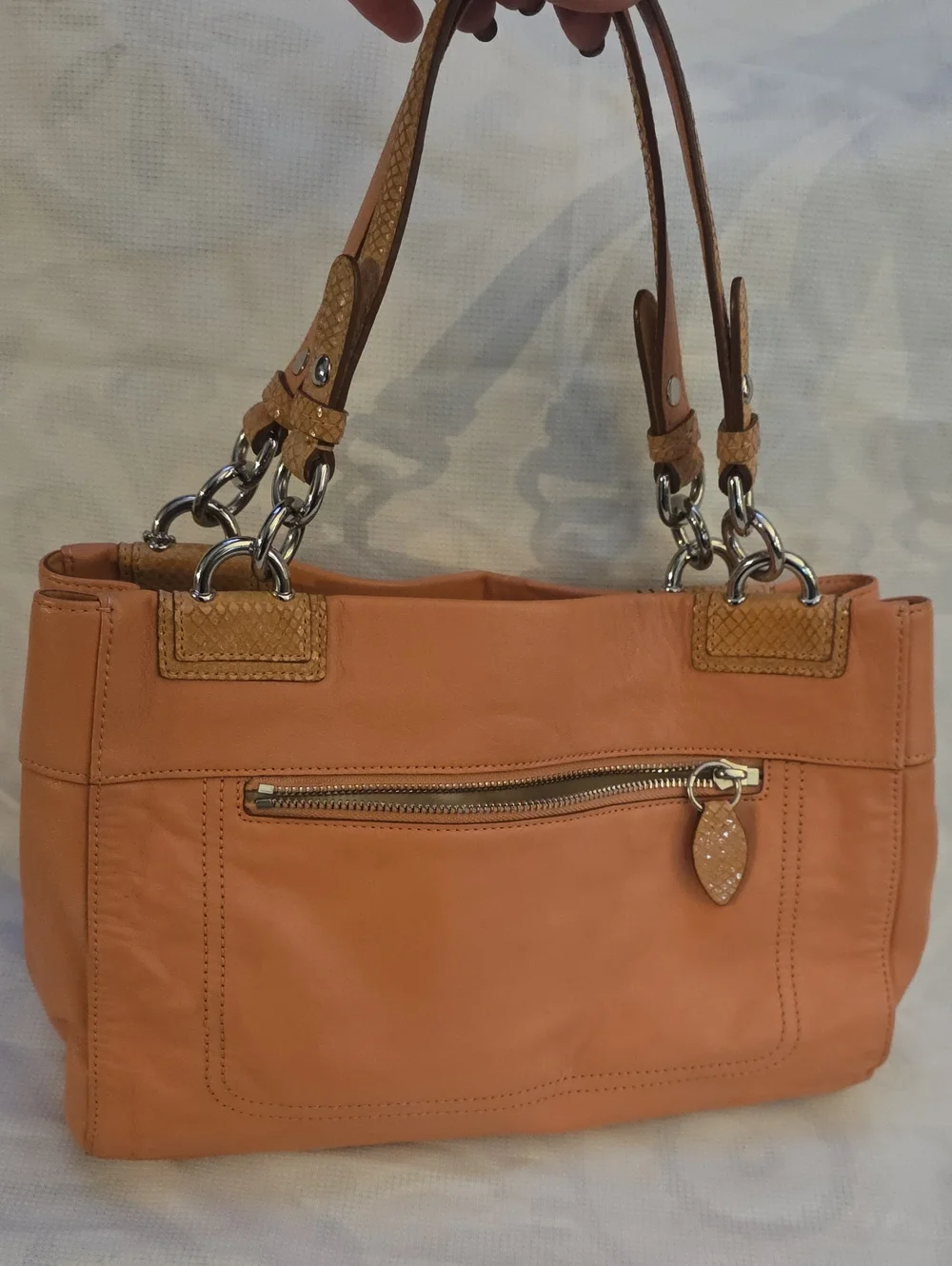 Coach Penelope Turn-Lock tote in a coral peach leather with snakeskin Trim - Picture 14 of 14